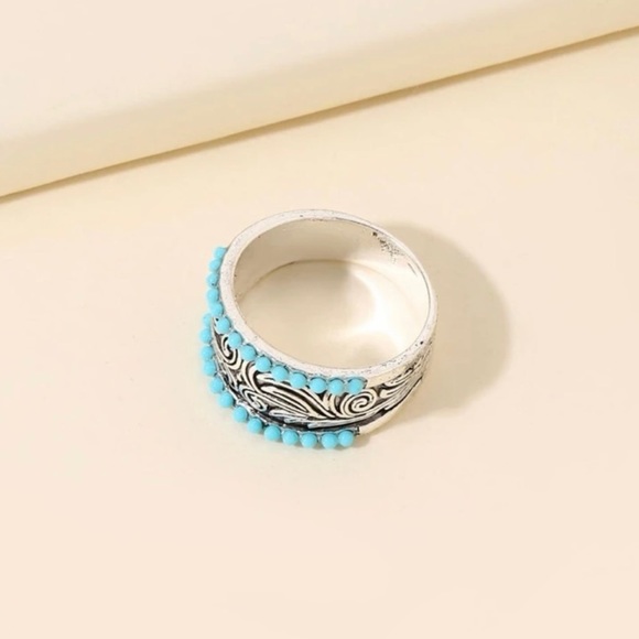 Silver Engraved Faux Turquoise Bohemian Ring - Picture 2 of 3